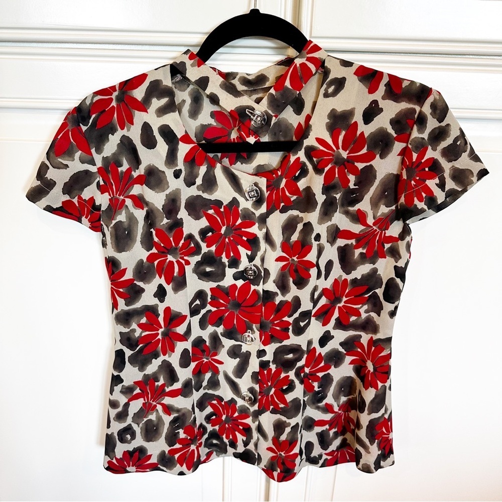 Women’s Animal Leopard Floral Print Choker Detail Short Sleeve Blouse Top Shirt